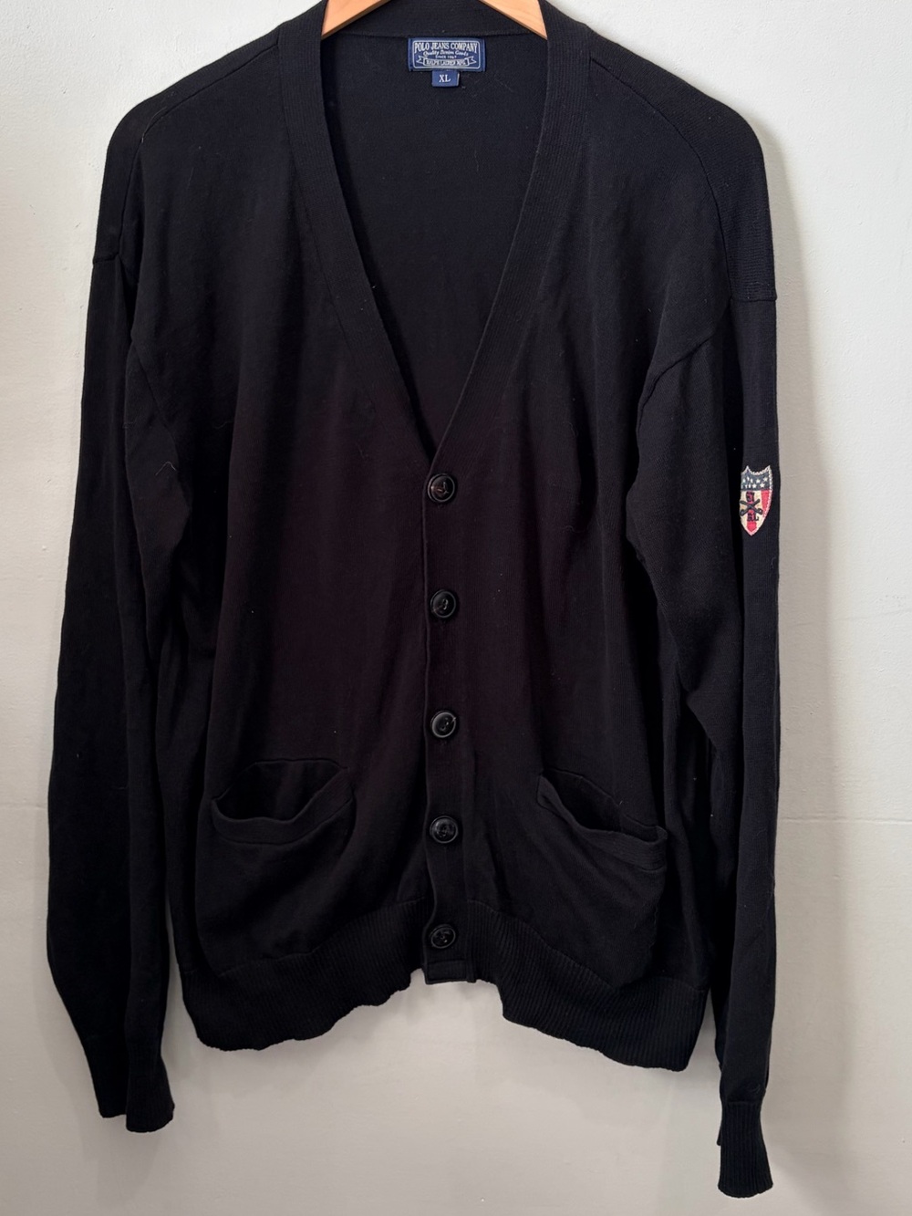 Vintage Polo Jeans Co Ralph Lauren Black Cardigan Knit Sweater XL Flag Patch